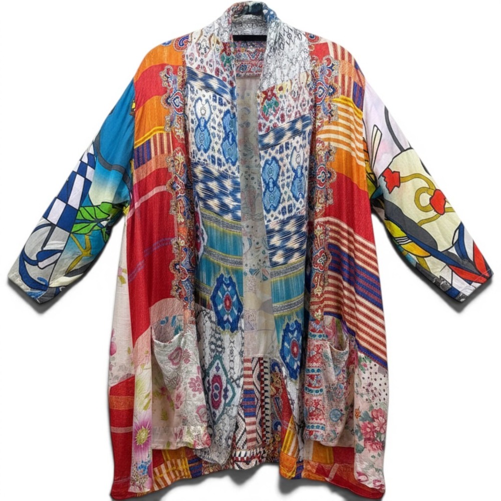 Johnny Was 100% Silk Patchwork Kimono Duster Robe Floral Boho Art to Wear